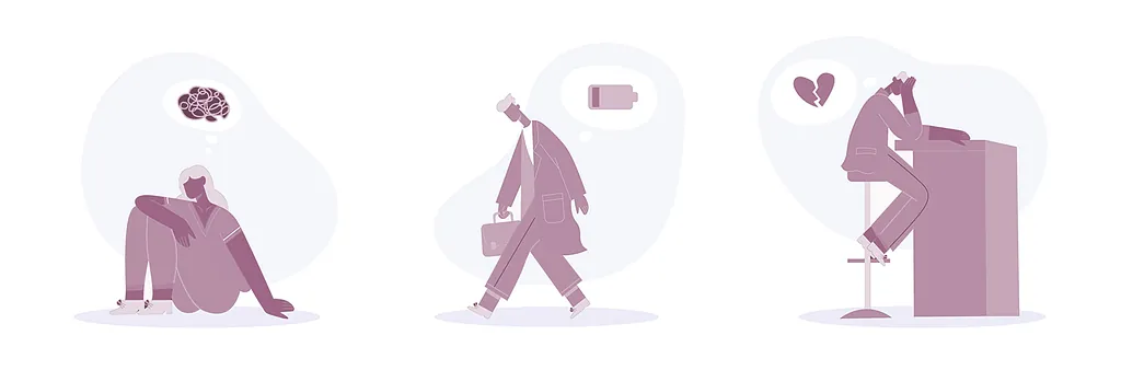 Illustration zeigt emotionales Burnout, Stress und Enttäuschung in der Liebe, mit Figuren, die Verwirrung, Erschöpfung und Herzschmerz vermitteln